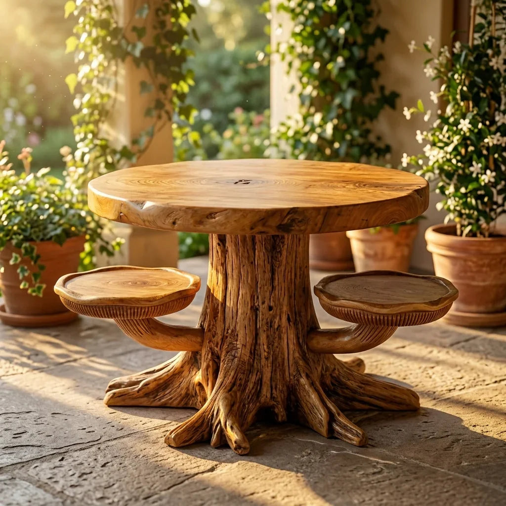 Mushroom Tree Stump Coffee Table with 2 Cap Shelves, Root Base and Gill Carving, Handcrafted Two-Tone Solid Wood Round Table for Living Room - Ashdeco 2026