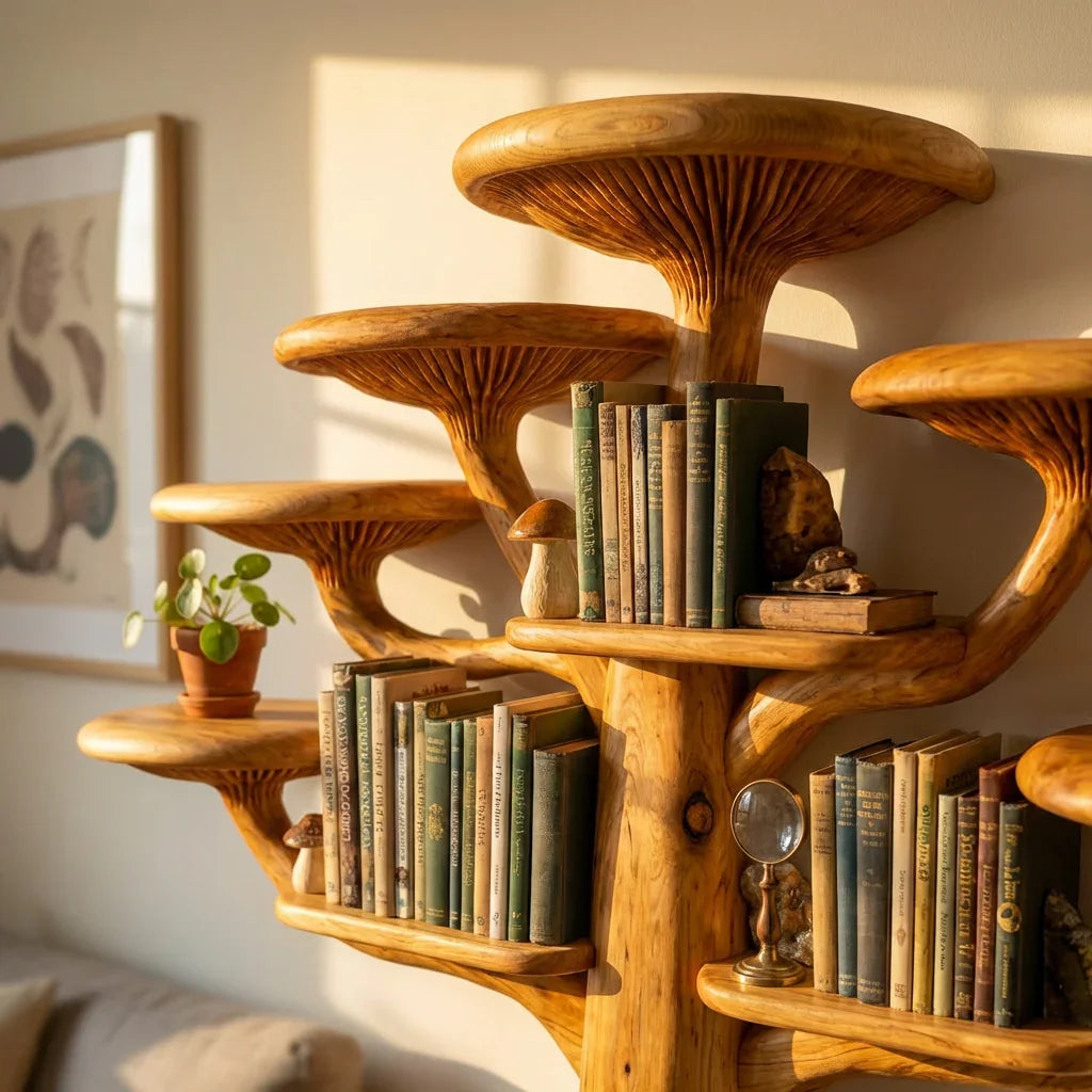 Mushroom shelves in tree form holding antique books under warm afternoon sunlight