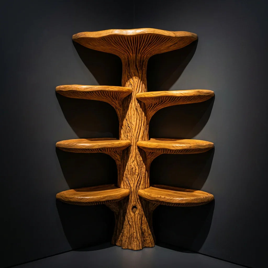 Mushroom Tree Wall Bookshelf with 4 Tiers of Paired Gill Shelves and Crown Cap, Handcrafted Solid Wood Mounted Bookcase for Living Room, Office, Library - Ashdeco 2026