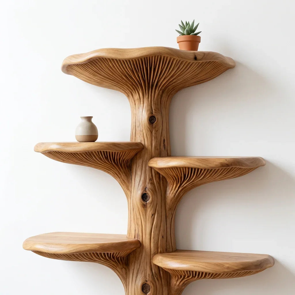 Mushroom Tree Wall Bookshelf with 4 Tiers of Paired Gill Shelves and Crown Cap, Handcrafted Solid Wood Mounted Bookcase for Living Room, Office, Library - Ashdeco 2026