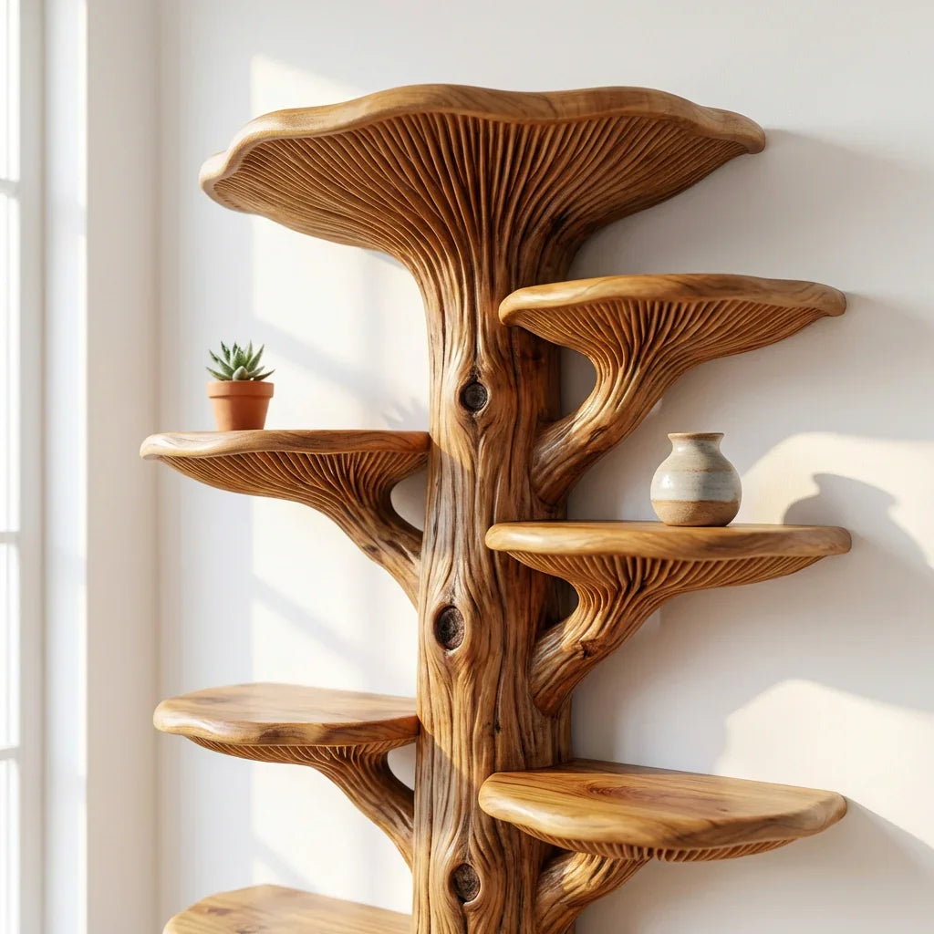Mushroom Tree Wall Bookshelf with 4 Tiers of Paired Gill Shelves and Crown Cap, Handcrafted Solid Wood Mounted Bookcase for Living Room, Office, Library - Ashdeco 2026
