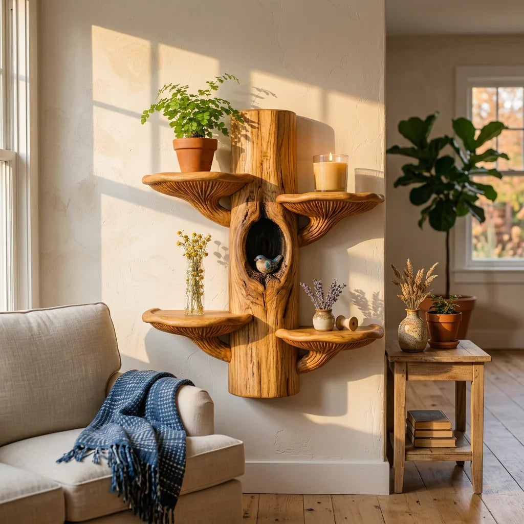 Mushroom Tree Wall Shelf with Paired Fan Shelves - Handcrafted Solid Wood Symmetrical Display Shelf for Living Room, Bedroom, Entryway - Ashdeco 2026