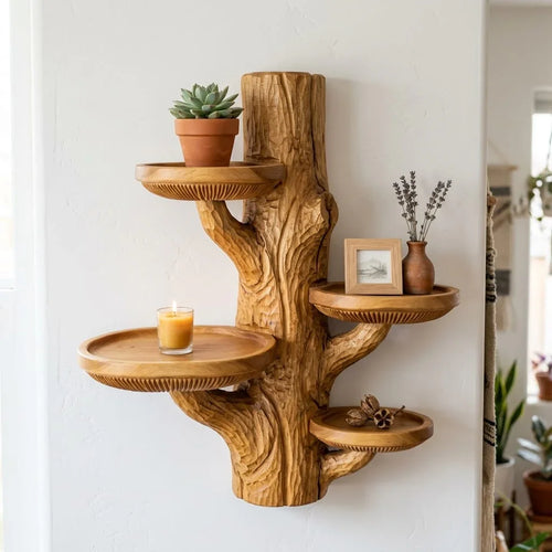 Rugged Bark Mushroom Wall Shelf with 4 Polished Round Tray Platforms - Handcrafted Solid Wood Stump-Style Floating Shelf with Raised Rim and Gill Band Detail