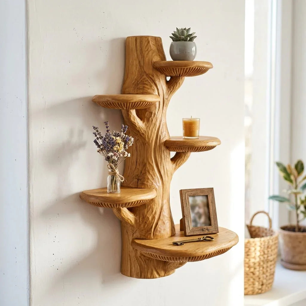 Old Growth Mushroom Tree Wall Shelf with 5 Half-Moon Platforms - Handcrafted Solid Wood Sculptural Floating Shelf with Weathered Trunk and Gill Rim Carving - Ashdeco 2026