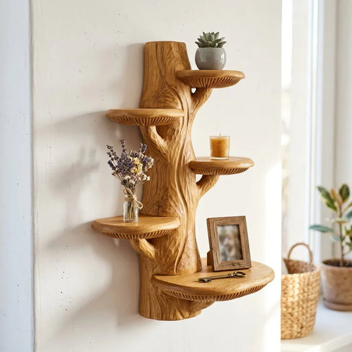 Old Growth Mushroom Tree Wall Shelf with 5 Half-Moon Platforms - Handcrafted Solid Wood Sculptural Floating Shelf with Weathered Trunk and Gill Rim Carving