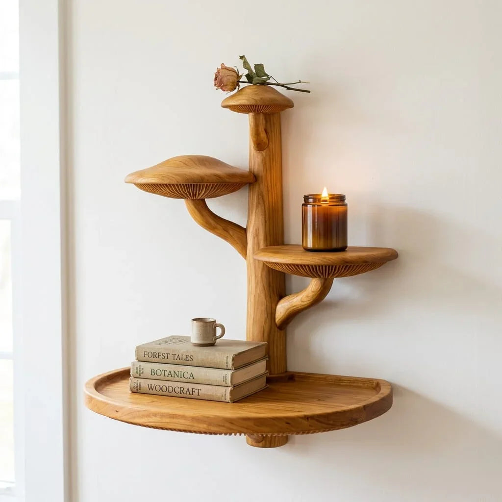 Mushroom Tree Wall Shelf with Large Oval Base Tray and 3 Mushroom Cap Shelves - Handcrafted Solid Wood Floating Shelf with Carved Gill Detail