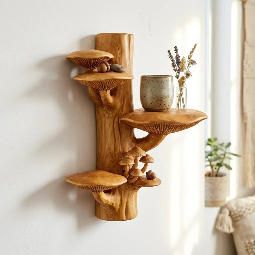 Mushroom Colony Tree Trunk Wall Shelf | 4 Caps + Mini Cluster | Solid Wood
