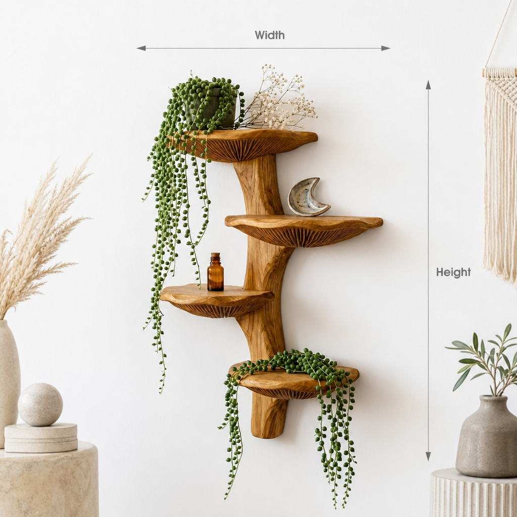 Mushroom Cap Plant Wall Shelf - Handcrafted Solid Wood Floating Shelf with Alternating Mushroom Shelves for Trailing Plants & Decor