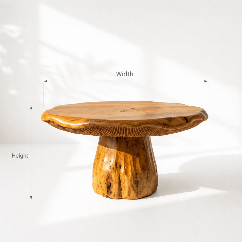 Mushroom Coffee Table - Handcarved Solid Wood Sculptural Table with Live Edge Cap Top & Ribbed Pedestal Base