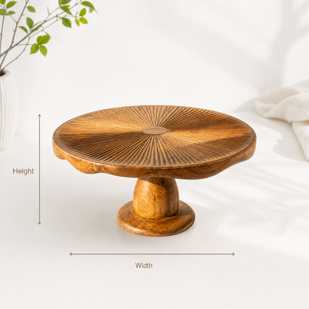 Mushroom Coffee Table with Carved Gill Top and Pedestal Base, Handcrafted Solid Wood Round Table with Live Edge Rim for Living Room