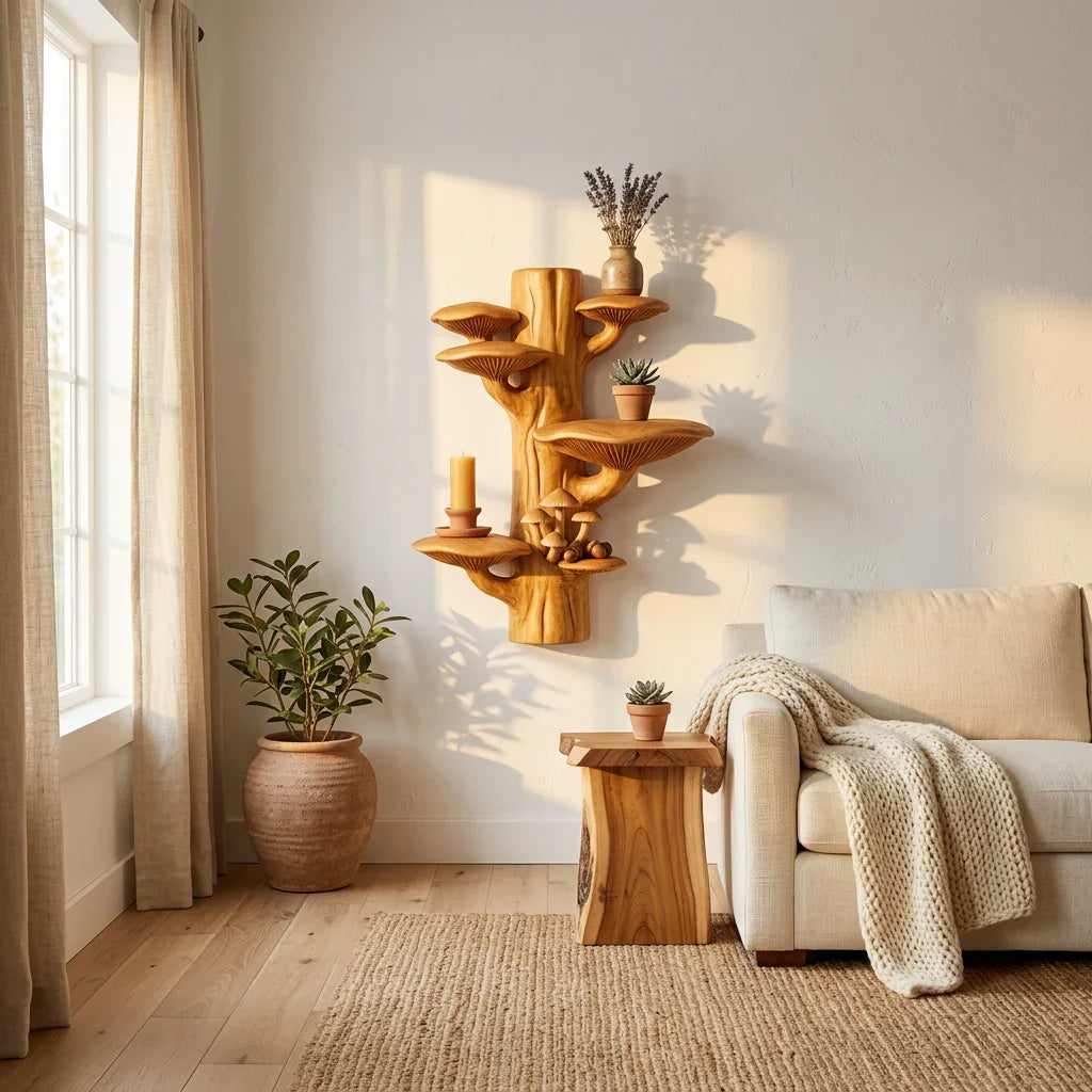 Mushroom Colony Tree Trunk Wall Shelf with 4 Bracket Cap Shelves and Carved Miniature Mushroom Cluster - Handcrafted Solid Wood Sculptural Floating Shelf with Decorative Forest Detail - Ashdeco 2026