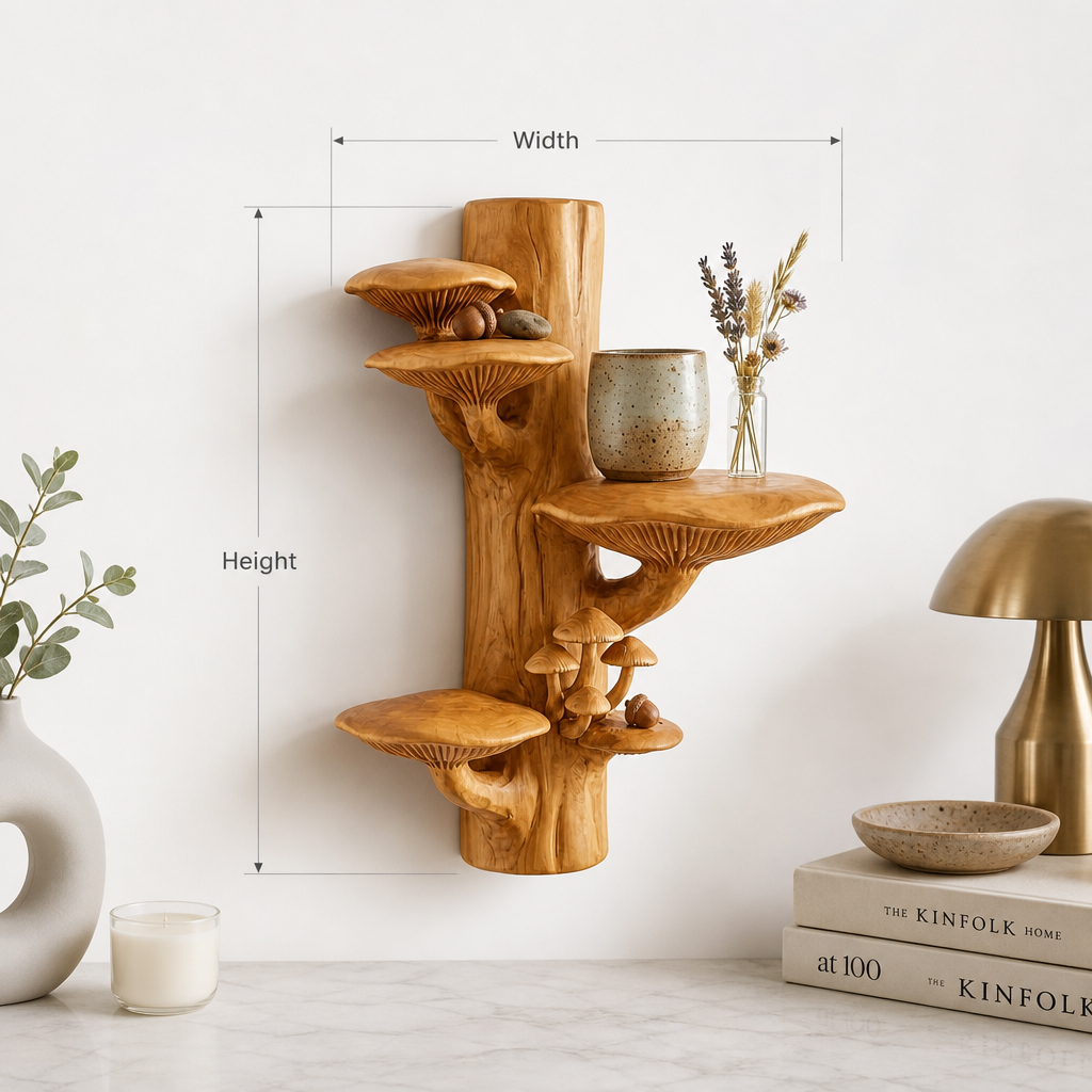 Mushroom Colony Tree Trunk Wall Shelf with 4 Bracket Cap Shelves and Carved Miniature Mushroom Cluster - Handcrafted Solid Wood Sculptural Floating Shelf with Decorative Forest Detail