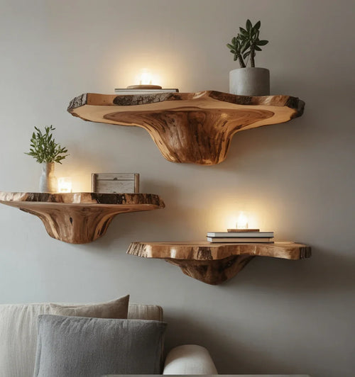 Raw Bark Mushroom Floating Shelf – Natural Blonde Live Edge Wall Decor