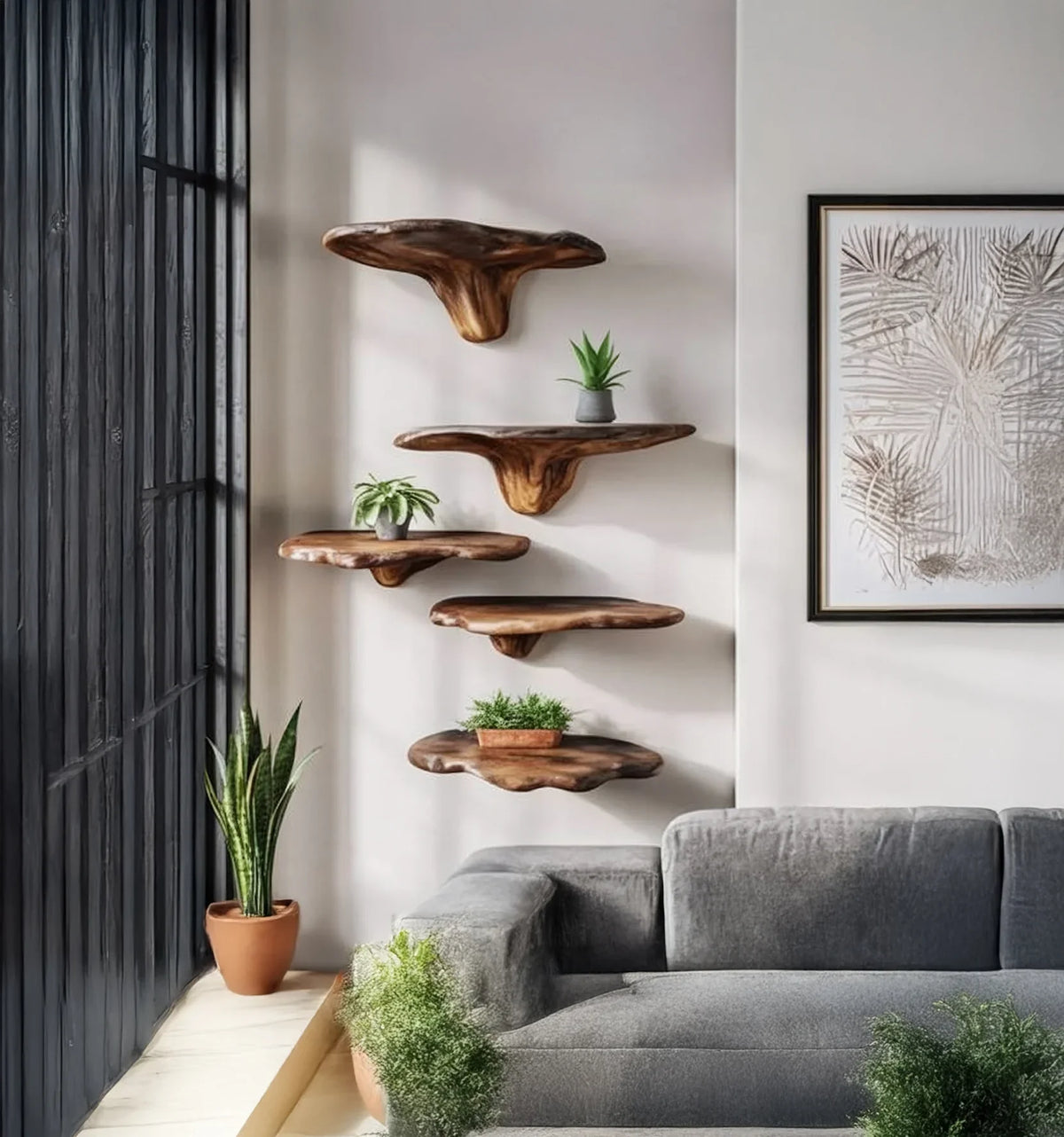 Live edge floating wood shelves with plants in a modern living room above a grey sofa.