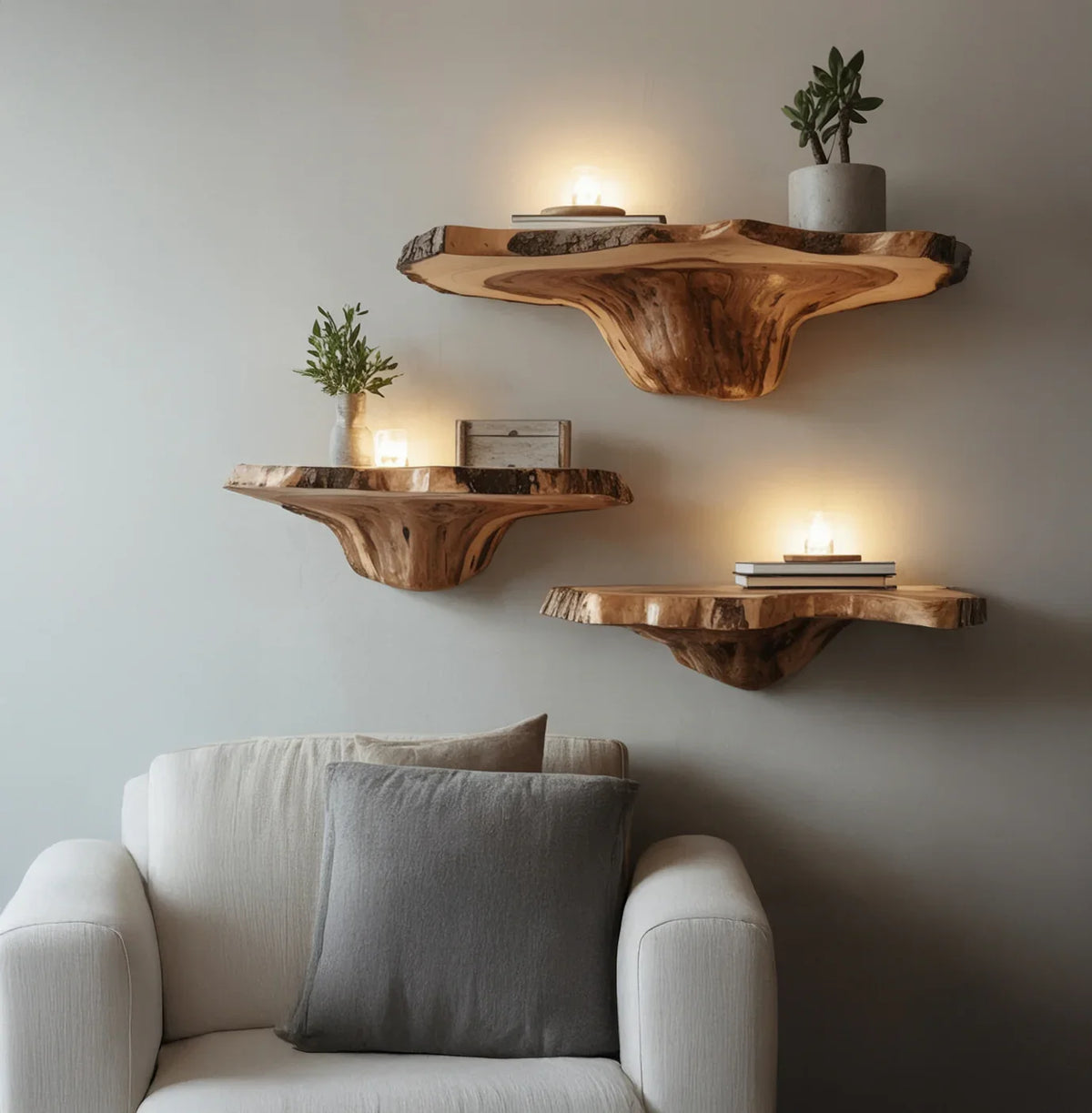 cluster of three mushroom floating shelves different sizes wall arrangement