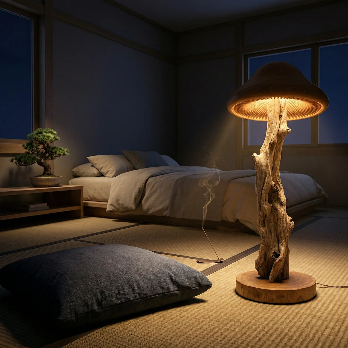 Mushroom floor lamp with tree trunk base and carved wood cap glowing in a cozy bedroom