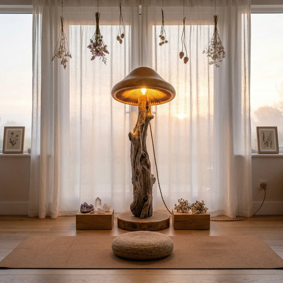 Mushroom floor lamp with bark-on tree trunk stem and carved cap, glowing in cozy room.