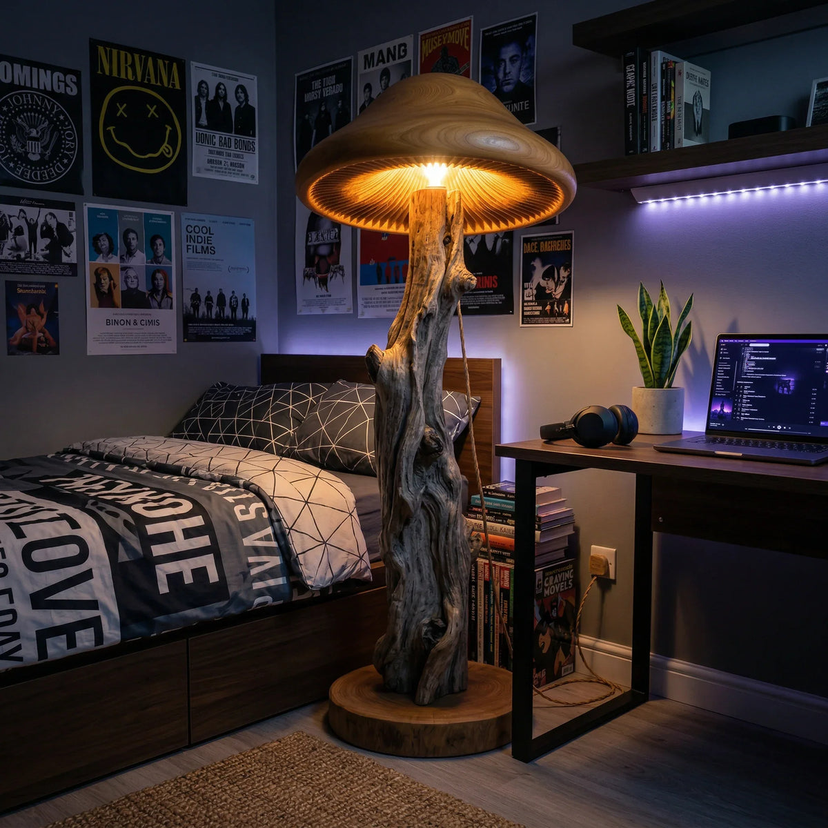 Mushroom floor lamp with bark tree trunk stem, glowing carved cap, rustic bedroom decor