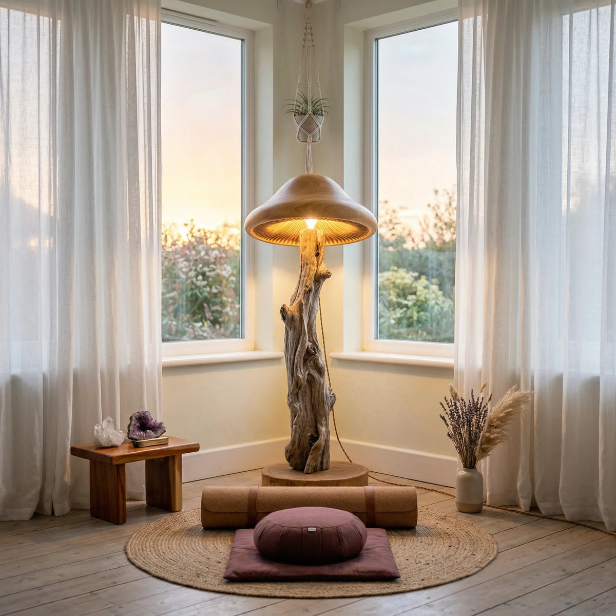 Mushroom floor lamp with bark-on tree trunk stem and hand-carved wood cap in cozy room corner