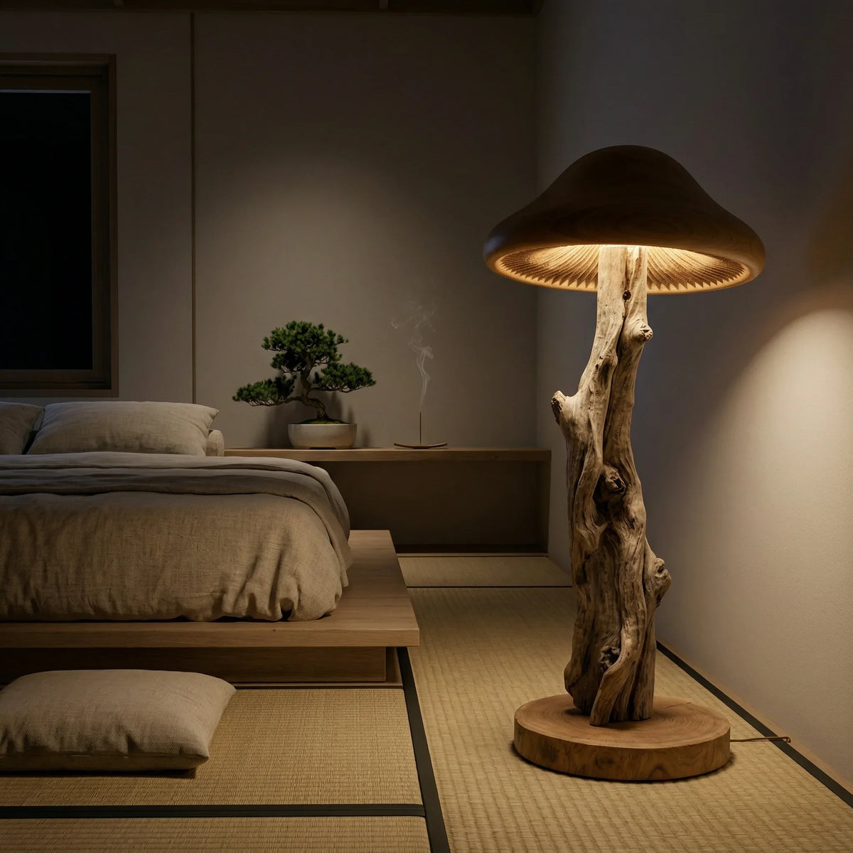 Mushroom floor lamp with bark-on tree trunk stem and hand-carved wood cap beside a bed