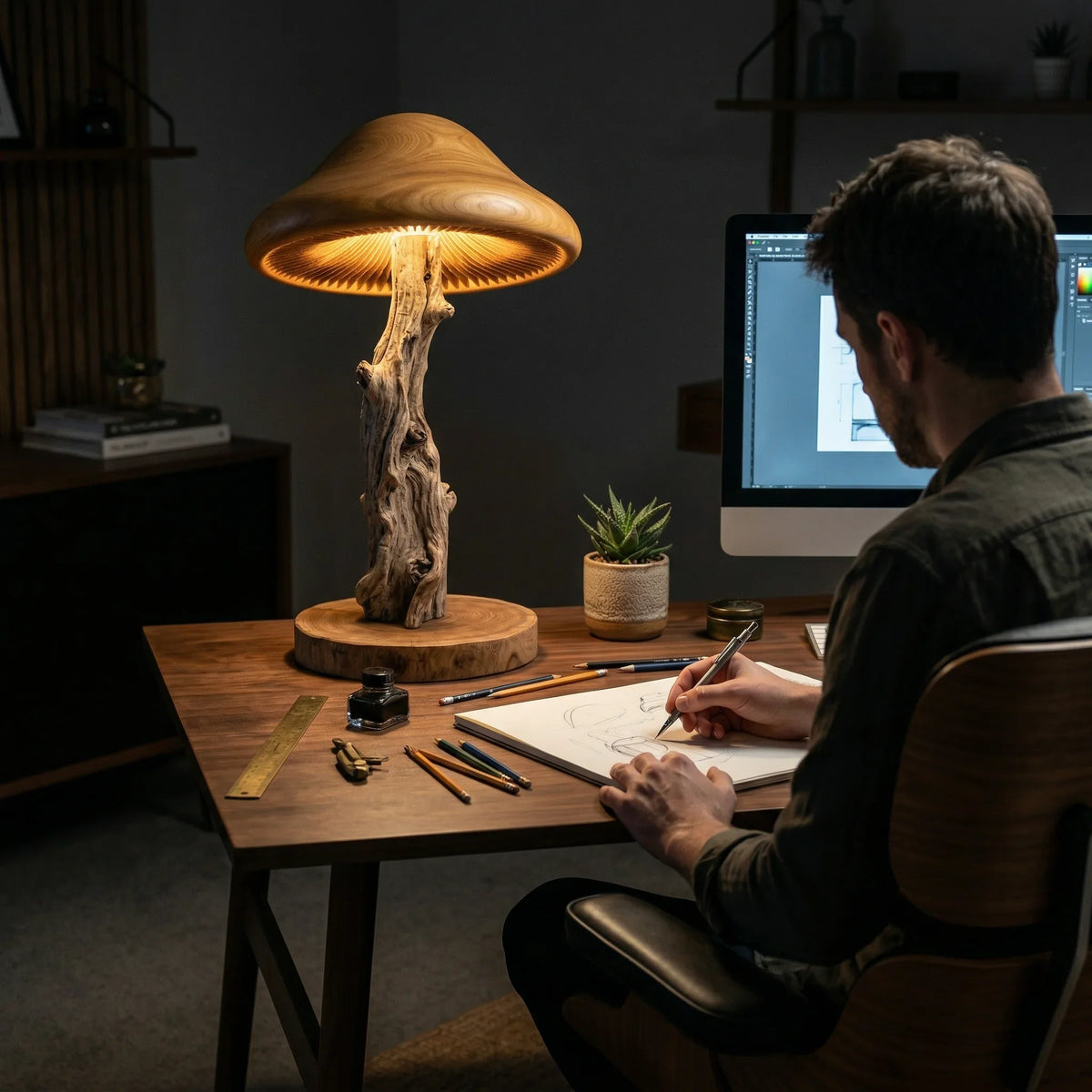 Mushroom floor lamp with bark-on wood stem and hand-carved cap on a modern desk