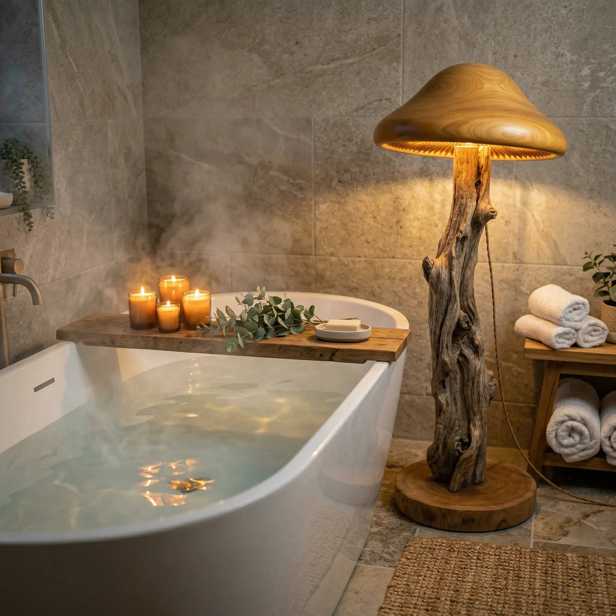 Mushroom floor lamp with hand-carved wood cap and tree trunk stem beside a soaking tub.