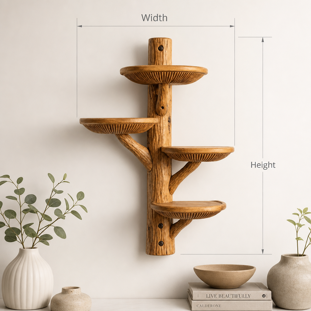 Mushroom Half-Round Wall Shelf with 4 Dished Caps and Deep Gill Carving, Handcrafted Solid Wood Floating Display Shelf for Kitchen, Bathroom, Bedroom, Plant Stand
