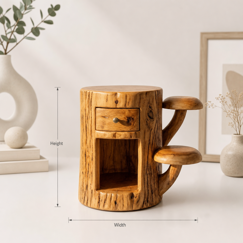 Mushroom Nightstand With Drawer and Open Shelf Solid Wood Bedside Table