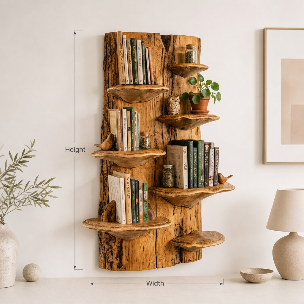 Mushroom Slab Wall Bookshelf with Bracket Fungus Shelves, Handcrafted Live Edge Solid Wood Mounted Bookcase for Living Room, Office, Library