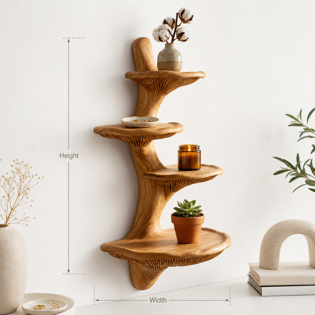 Mushroom Stem Wall Shelf - Handcarved Solid Wood Tree Trunk with Stacked Mushroom Cap Shelves