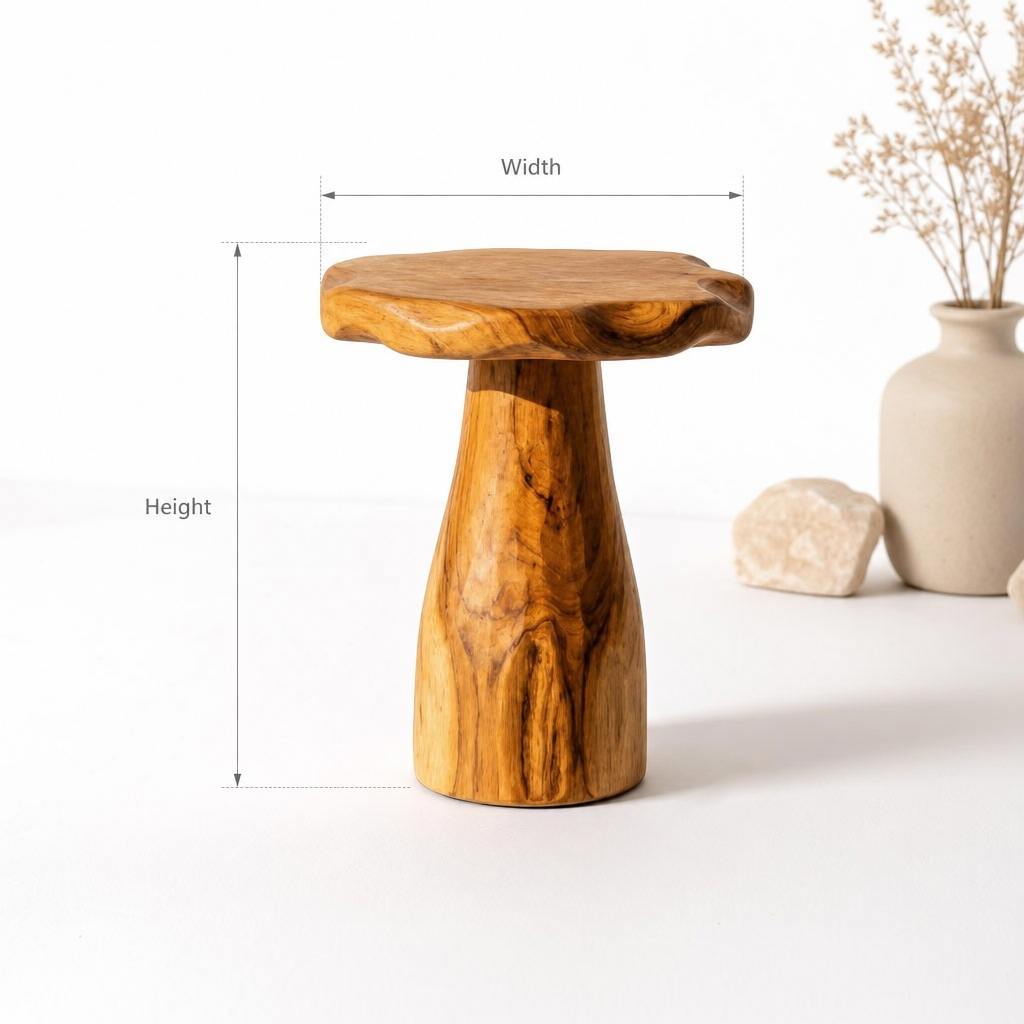 Mushroom Stool Side Table, Handcrafted Solid Wood Sculpted Accent Table with Live Edge Top for Living Room, Bedroom, Nursery, Plant Stand