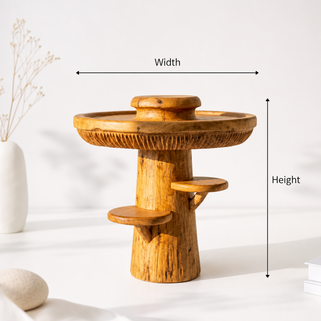 Mushroom Tray Table with Raised Rim, Gill Band and 2 Side Cap Shelves, Handcrafted Solid Wood Round Accent Table for Living Room, Bedroom, Entryway