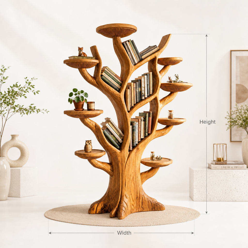 Mushroom Tree Bookshelf Freestanding with Branch Shelves and Mushroom Cap Platforms, Handcrafted Solid Wood Floor Bookcase for Living Room, Office, Library, Nursery
