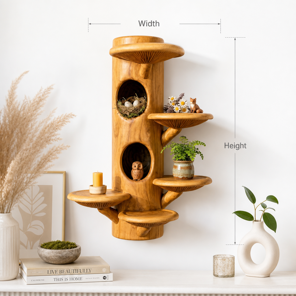 Mushroom Tree Column Wall Shelf with Two Bird Nest Hollows, Two Nooks, Handcrafted Solid Wood Sculptural Display for Living Room, Bedroom, Nursery