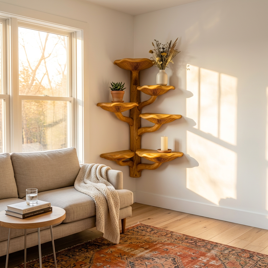 Mushroom Tree Corner Shelf Floor to Ceiling, Handcrafted Solid Wood Vertical Bookshelf with Spiral Mushroom Cap Shelves for Living Room, Bedroom, Reading Nook - Ashdeco 2026