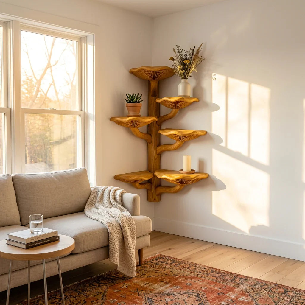 Mushroom Tree Corner Shelf Floor to Ceiling, Handcrafted Solid Wood Vertical Bookshelf with Spiral Mushroom Cap Shelves for Living Room, Bedroom, Reading Nook - Ashdeco 2026