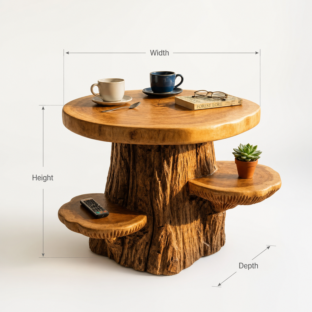 Mushroom Tree Side Table with Round Top and 2 Cap Shelves, Handcrafted Two-Tone Solid Wood Table for Living Room, Bedroom, Sofa Side