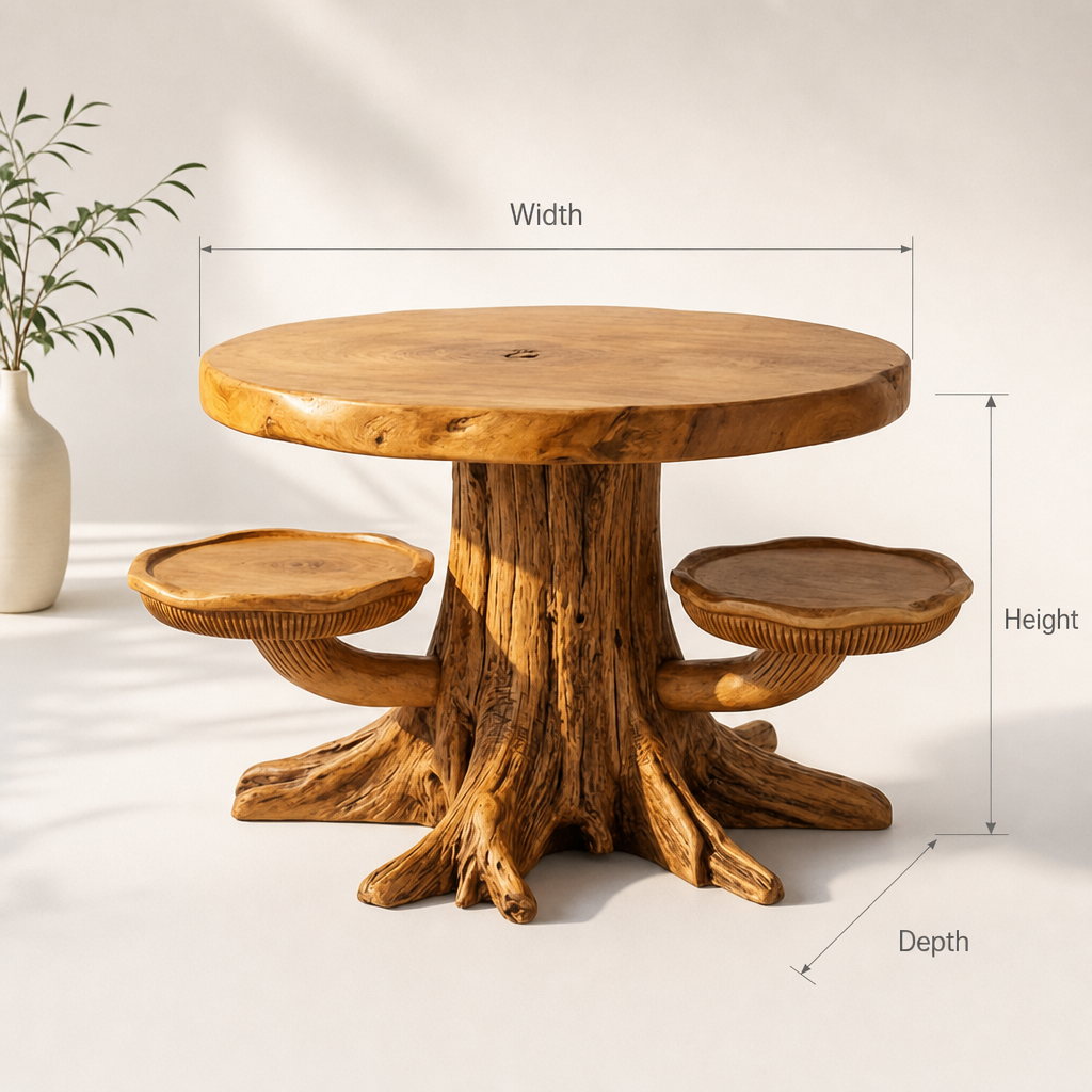 Mushroom Tree Stump Coffee Table with 2 Cap Shelves, Root Base and Gill Carving, Handcrafted Two-Tone Solid Wood Round Table for Living Room