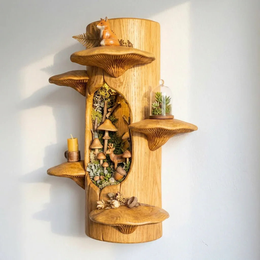 Mushroom Tree Trunk Wall Shelf with Woodland Niche - Handcrafted Solid Wood Display Shelf - Ashdeco 2026