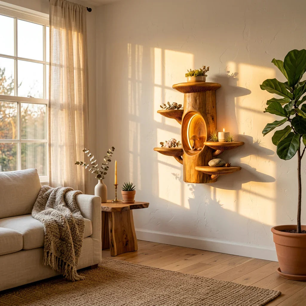 Mushroom Tree Trunk Wall Shelf - Handcrafted Solid Wood Display Shelf - Ashdeco 2026