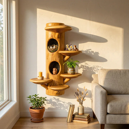 Mushroom Tree Column Wall Shelf with Two Bird Nest Hollows, Two Nooks, Handcrafted Solid Wood Sculptural Display for Living Room, Bedroom, Nursery