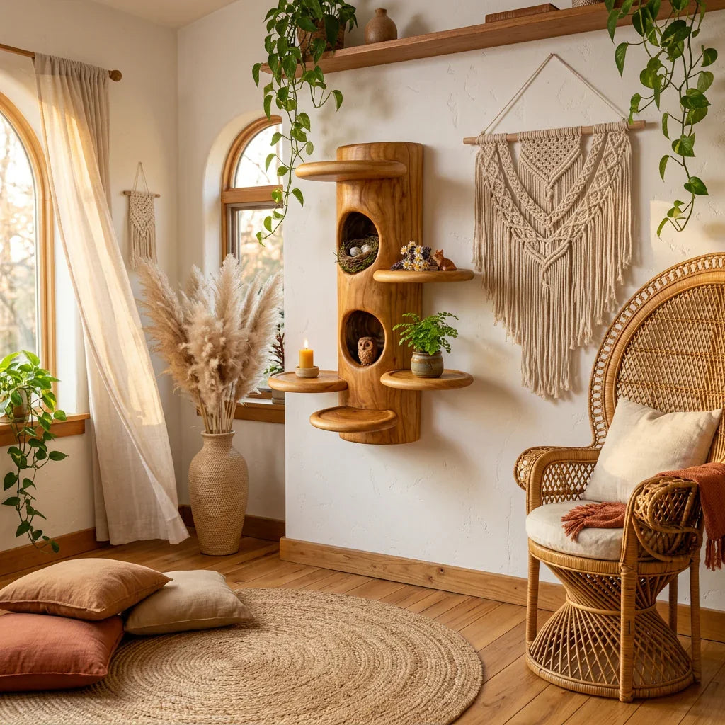 Mushroom Tree Column Wall Shelf with Two Bird Nest Hollows, Two Nooks, Handcrafted Solid Wood Sculptural Display for Living Room, Bedroom, Nursery - Ashdeco 2026