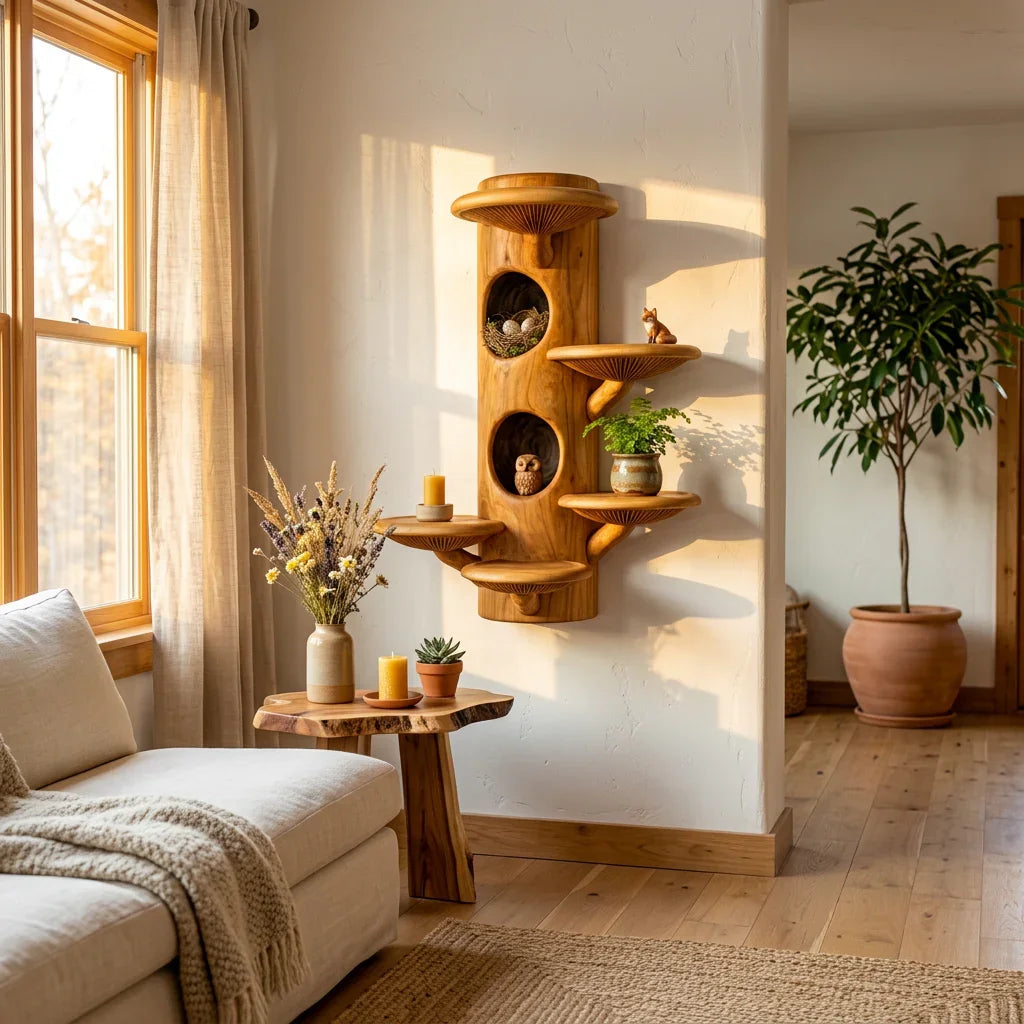 Mushroom Tree Column Wall Shelf with Two Bird Nest Hollows, Two Nooks, Handcrafted Solid Wood Sculptural Display for Living Room, Bedroom, Nursery - Ashdeco 2026