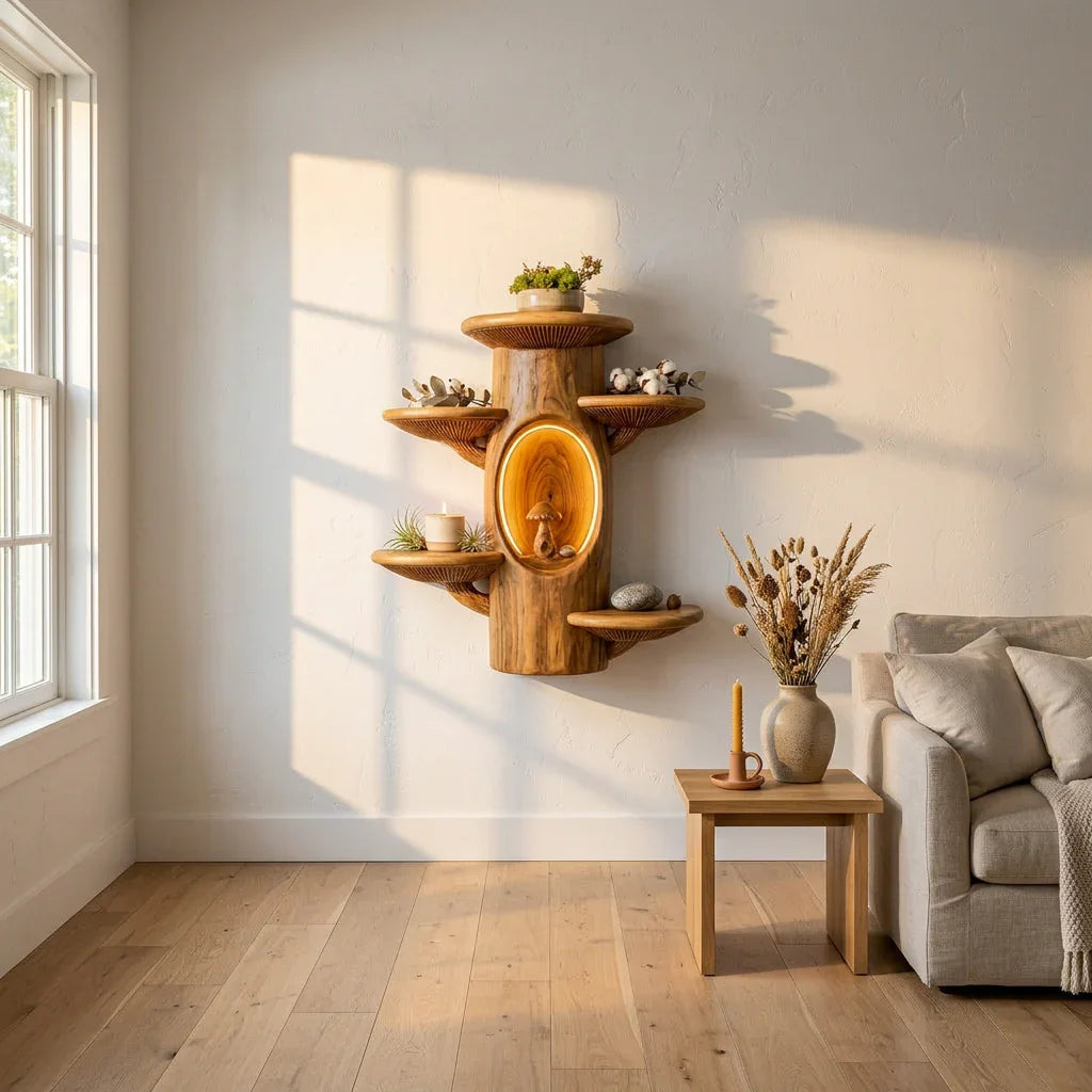 Mushroom Tree Trunk Wall Shelf - Handcrafted Solid Wood Display Shelf - Ashdeco 2026