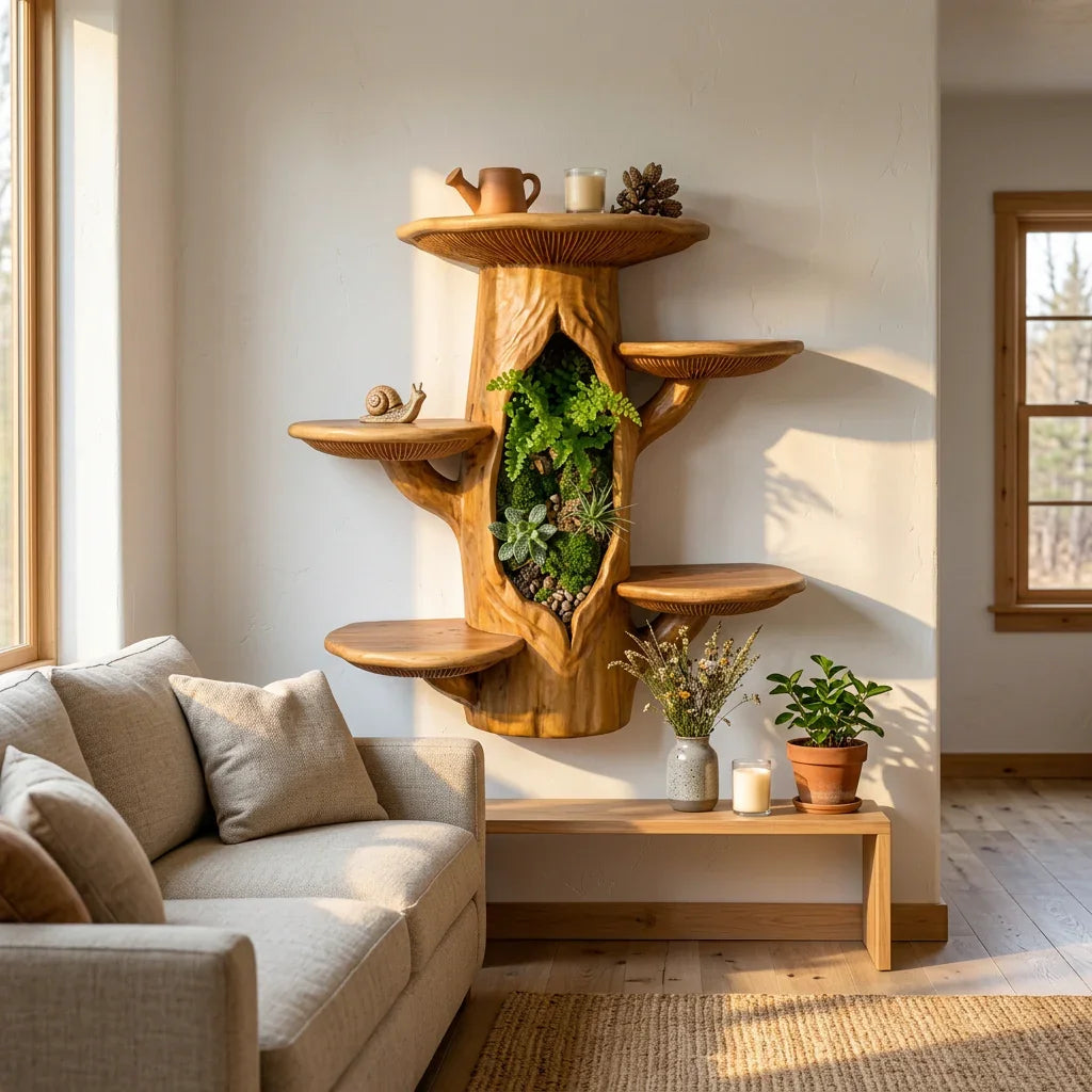Mushroom Tree Trunk Wall Shelf with Terrarium Niche - Handcrafted Solid Wood Display Shelf - Ashdeco 2026