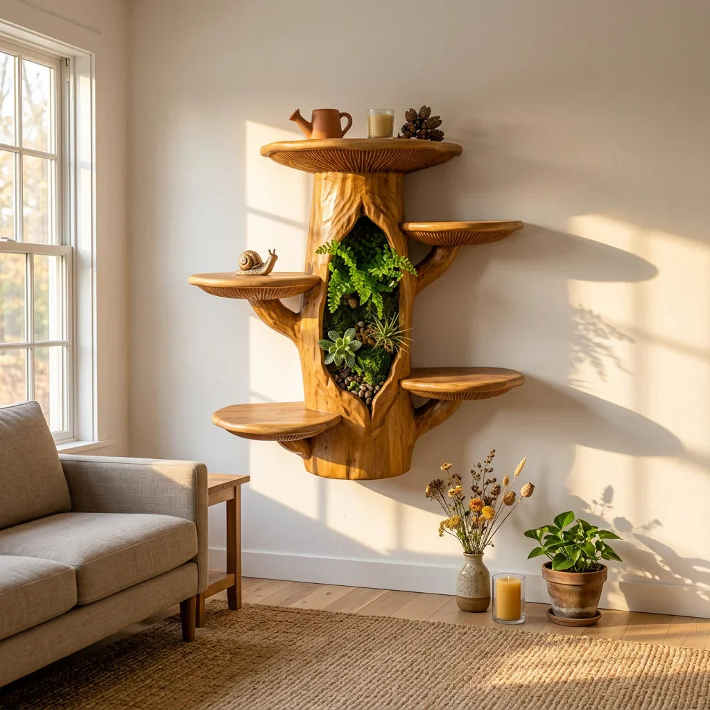 Mushroom Tree Trunk Wall Shelf with Terrarium Niche - Handcrafted Solid Wood Display Shelf - Ashdeco 2026