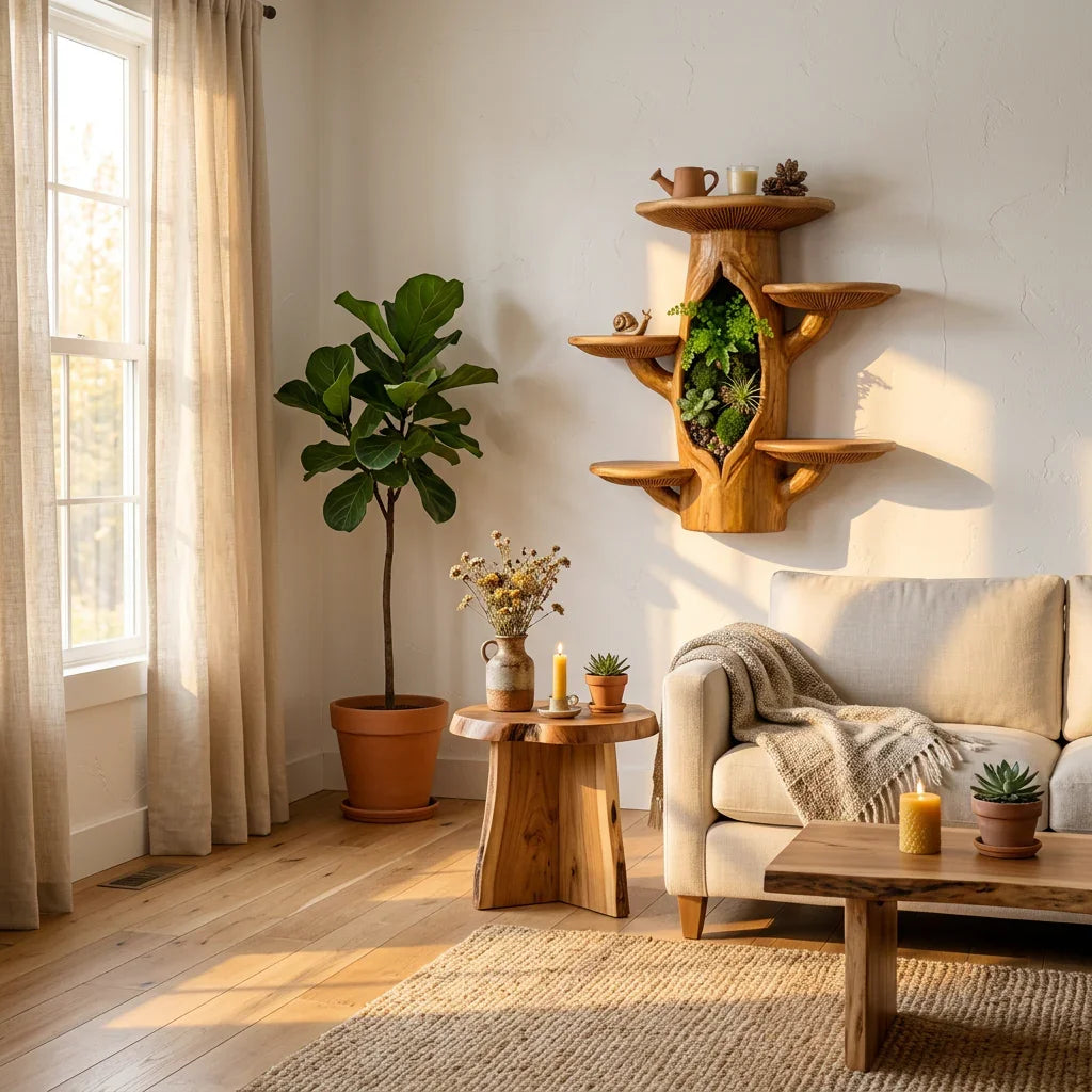 Mushroom Tree Trunk Wall Shelf with Terrarium Niche - Handcrafted Solid Wood Display Shelf - Ashdeco 2026