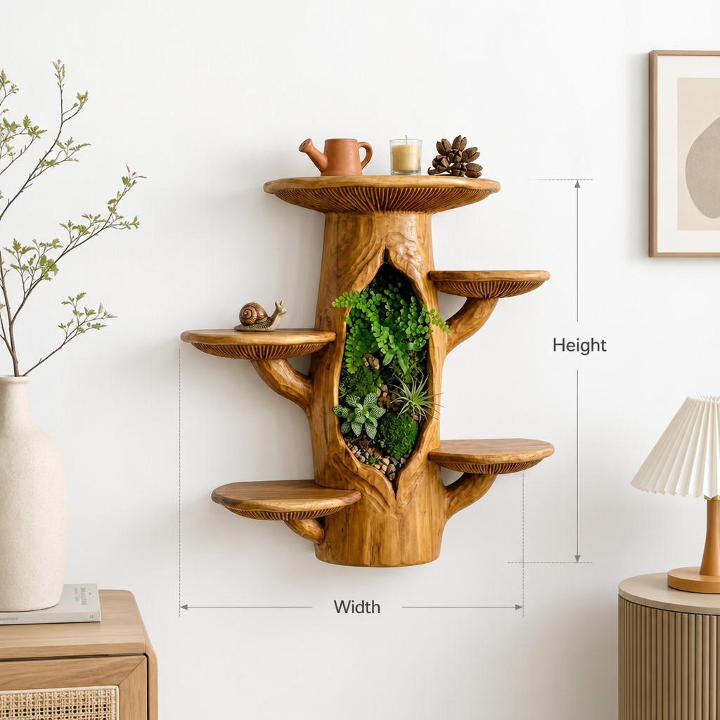 Mushroom Tree Trunk Wall Shelf with Terrarium Niche - Handcrafted Solid Wood Display Shelf