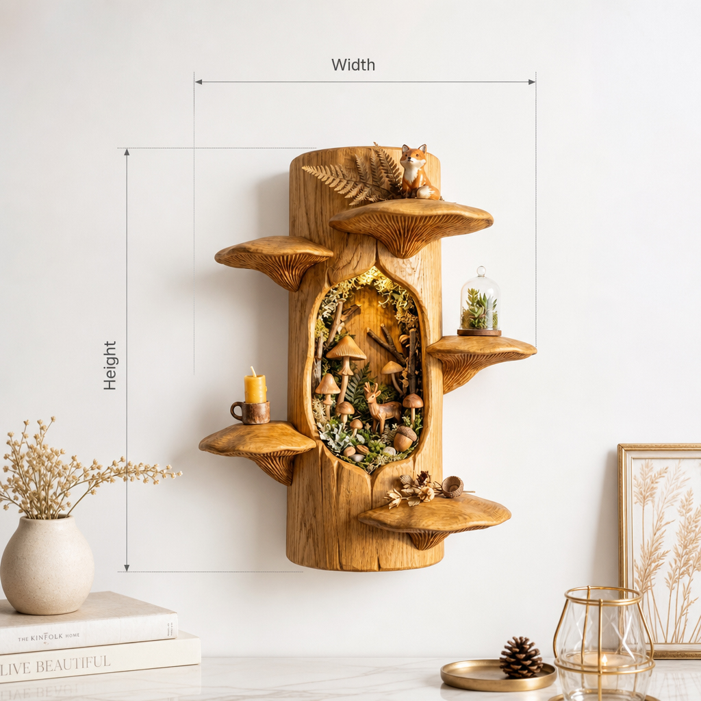Mushroom Tree Trunk Wall Shelf with Woodland Niche - Handcrafted Solid Wood Display Shelf