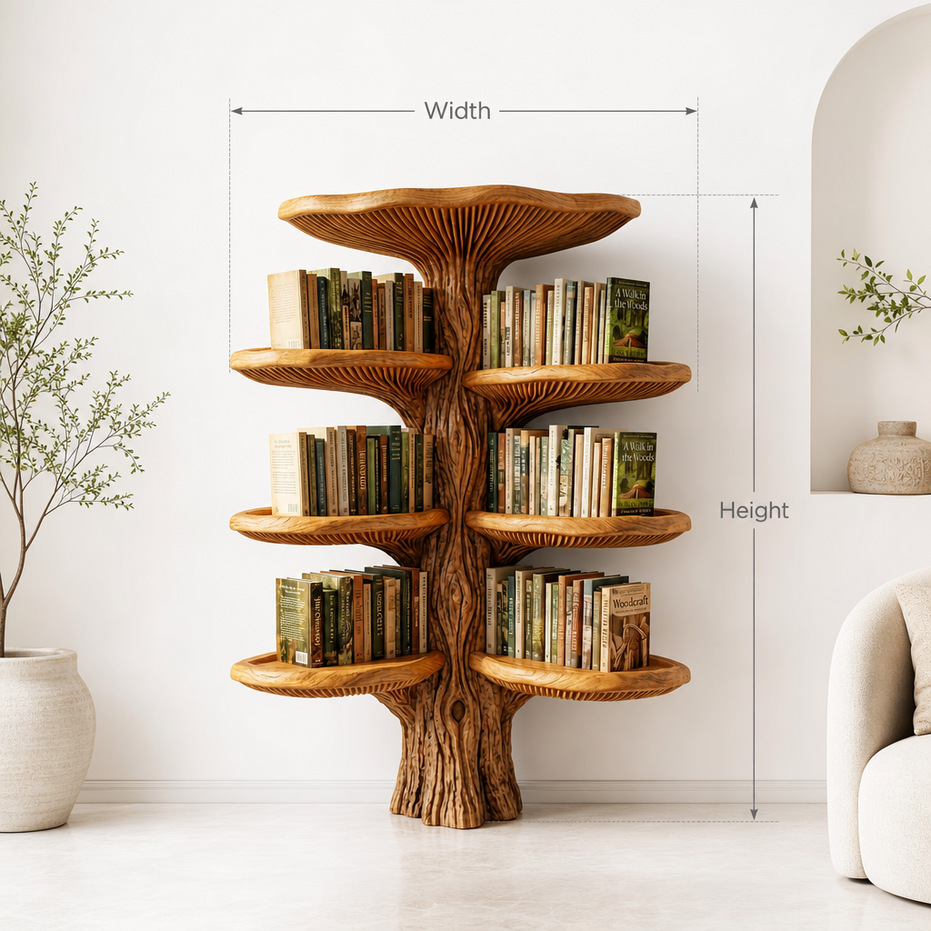 Mushroom Tree Wall Bookshelf with 4 Tiers of Paired Gill Shelves and Crown Cap, Handcrafted Solid Wood Mounted Bookcase for Living Room, Office, Library